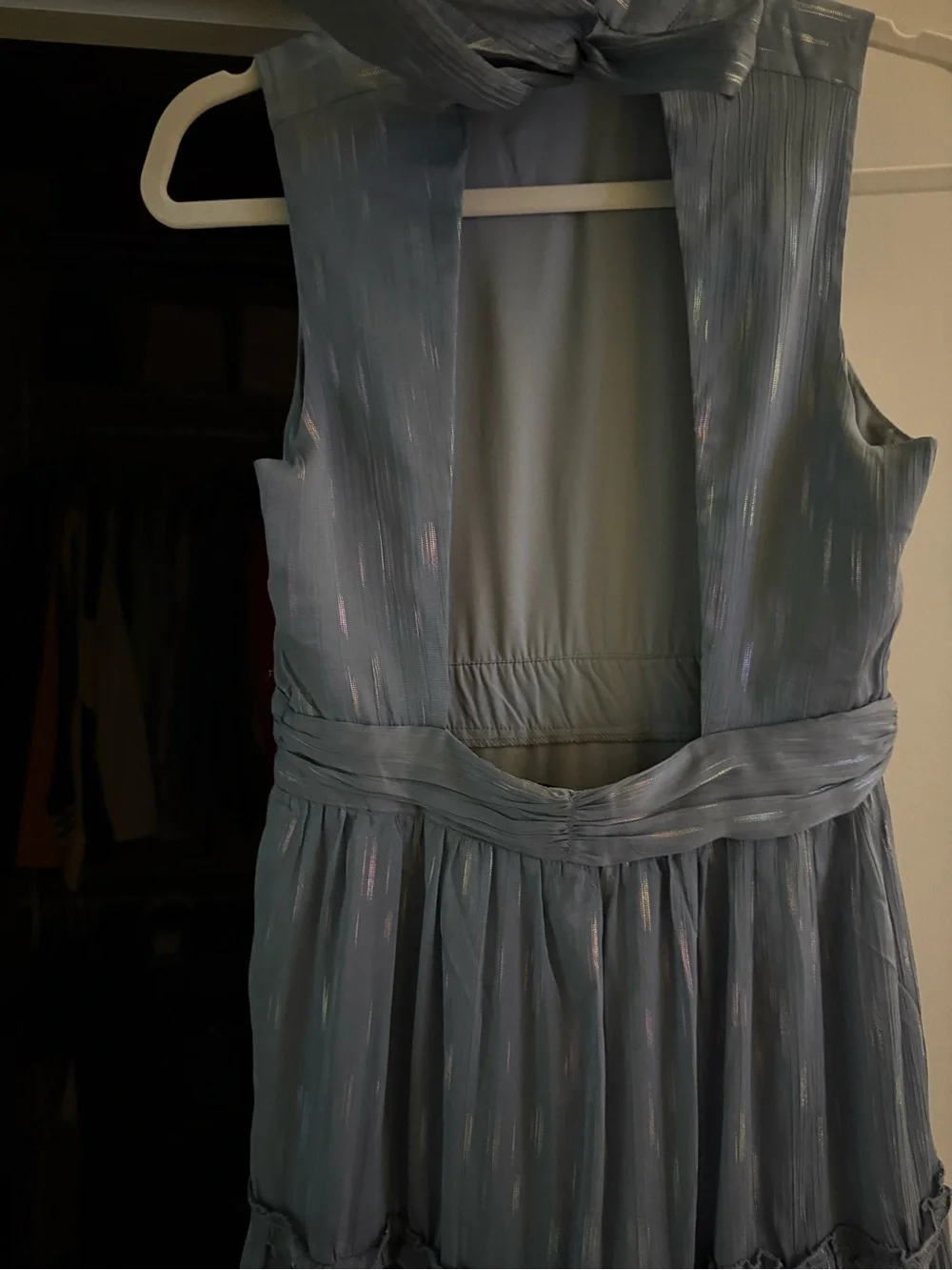 NEW-Aqua Light Blue Iridescent Ruffle Tiered Maxi Dress - Picture 7 of 10